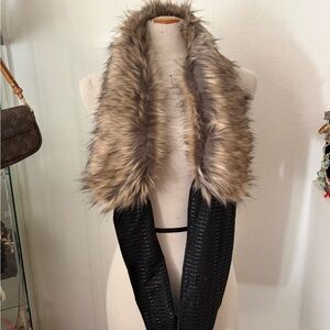Faux Fur Trim Black Infinity Scarf - Neutral Fur Accent